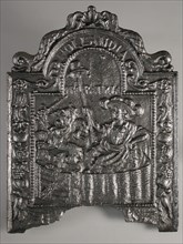Fireback Dutch Virgin in garden, text Hollandia pro patria, hob plate cast iron, cast Rectangular arch at the top.