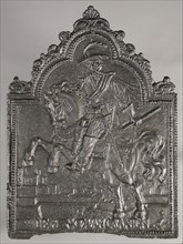 Fireback rider on horseback, text The Prince of Oranien, hob cast iron, cast Rectangular bow at the top.