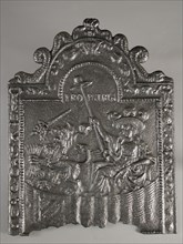 Fireback Dutch virgin in garden, text Pro Patria, hob plate cast iron, cast Rectangular bow at the top on which dolphins