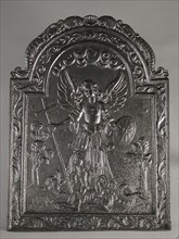 Fireback archangel Michael with dragon, hob plate cast iron, cast Rectangular with curved upper side. On top of shell