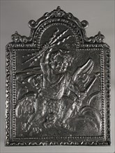Fireback putto on bird, Ganymede, hob plate cast iron, cast Rectangular with bow at the top where dolphins List and pearl