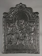 Fireback Neptune on three-horse mare, hob plate cast iron, cast Rectangular with arch at the top. On top of shell