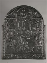 Fireback biblical representation: wedding in Cana, hob plate cast iron, cast Rectangular bow at the top. Border between frame