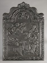 Fireback biblical representation: David and Saul, Year 1665, cast Rectangular with arch at the top. On top of shell flanked