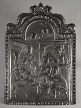 Fireback biblical representation: worship of Jesus by shepherds, fire place iron, cast Rectangular with arch at the top.