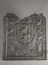 Fireback coat of arms of Holland in Dutch garden, year 1670, VIGILANTE DEO COLA DENTE, hob plate cast iron, cast Rectangular