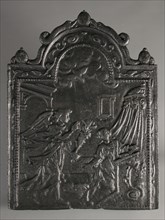 Fireback proclamation to Mary, Annunciation, hob plate cast iron, cast Bottom rectangular bow at the top showing pomegranate