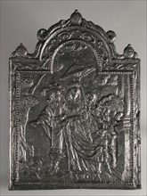 Fireback couple with two children, text Europe, fire place, Rectangular with arch at the top. On top of pomegranate