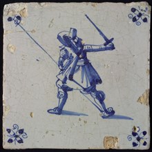 White tile with blue warrior; corner motif spider, wall tile tile footage ceramic earthenware glaze, baked 2x glazed painted