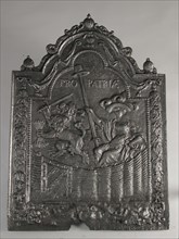 Fireback Dutch virgin in garden, text Pro Patria, fire place, cast Rectangular arch at the top. On top of pomegranate