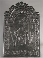 Fireback De Tijd, sent away by man, child with skeleton in doorway, text DE TYD, hob plate cast iron, cast Rectangular arch