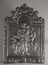 Fireback woman with child on the arm, two putti, De Liefde, hob plate cast iron, Rectangular bow at the top where two dolphins