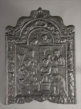 Fireback biblical representation, worshiping Jesus by shepherds, fire place cast iron, cast Rectangular with arch at the top.