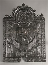 Fireback Dutch lion, date 1621, Hollandia Vigilate Deo Confidentes, hob plate cast iron, cast Rectangular bow at the top.