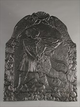 Fireback biblical representation man with lion, Samson, hob plate cast iron, cast Rectangular with arch at the top.