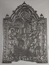 Fireback biblical representation, Queen of Seba, hob plate cast iron, Rectangular arch at the top. On top of sphere