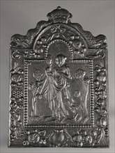 Fireback woman with mirror, Vanity, text Visus, fire place, Rectangular with arch at the top where dolphins Wide edge