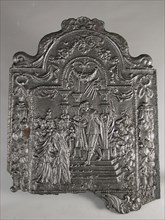 Fireback biblical representation five foolish and five wise virgins, fire place, cast Rectangular with arch at the top.