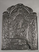 Fireback with biblical representation: judgment of Solomon, fire place iron, cast Rectangular with arch at the top