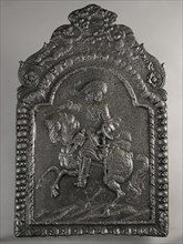 Fireback with rider on horseback, Prince Willem II, fire place, cast Rectangular with arch at the top on which putti leaf