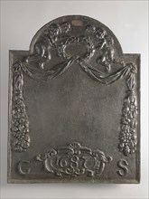 Fireback with garlands and putti, year 1687 and C S, hob plate cast iron, cast Rectangular with arch at the top.