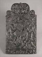 Fireback with flute playing Mercury, resting man, cow and dog, fire plate cast iron, cast Rectangular with arch at the top