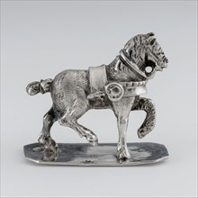 Silver miniature horse, Doll toy miniature toy model silver, cast Horse standing on flat surface left front leg and right hind