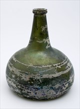 Belly bottle, belly bottle bottle holder soil find glass, free blown and shaped glass application Circular bottle in clear green