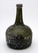 Belly bottle, clock model, bottle holder soil find glass, neck with imposed all-round sharp glass thread and flattened lip
