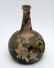 Bulbous bottle, bottle holder soil find glass, slightly sloping neck with enforced all-round sharp glass wire, and flattened
