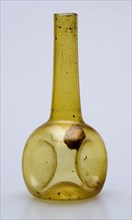 Miniature (toy?) Bottle, bottle holder soil find glass cork, free blown Miniature (toy?) Bottle in clear yellow glass