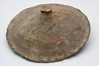 Earthenware lid with small knob in the middle, unglazed, lid closure part soil found ceramic pottery, hand turned pottery lid