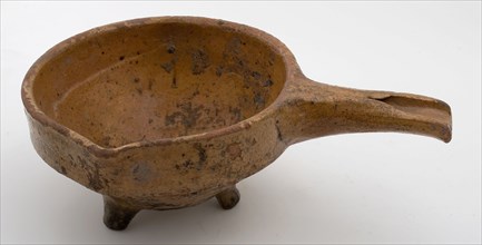 Pottery saucepan, orange-red shard, glazed, with handle, shank, on three legs, saucepan pan tableware holder utensils