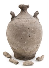 Earthenware jug, ball model with narrow neck and two curled ears, jug holder earth discovery ceramic earthenware, hand-turned