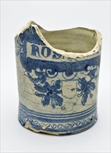 Fragment of cylindrical pharmacy jar, decorated in blue on white ground, apothecary jar ointment container soil find ceramic