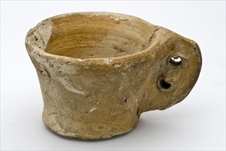 Stoneware ear cup with thin vertical ear, in which two holes, ear cup head crockery holder soil find ceramic stoneware glaze