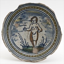 Dish with Christ Child with the Rijksappel in the right and on the back under the enamel maker initials, dish crockery holder