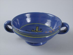 Earthenware pap bowl, blue glazed, yellow cross with Arma Christi, papkom bowl crockery holder soil find ceramic earthenware