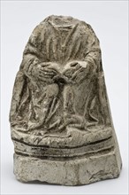 Pipe-shaped statue, figure in long cloak, seated on chair, with book on her lap, sculpture sculpture earth discovery pottery