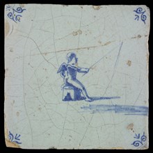 White tile with blue fishing putto; corner pattern ox head, wall tile tile sculpture ceramic earthenware glaze, baked 2x glazed