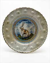 Majolica plate with seated hare, polychrome, studs in the rim, plate crockery holder soil find ceramic earthenware glaze tin