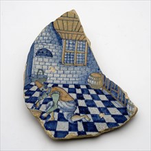 E.S., Fragment majolica plate with baker, busy making, signed and dated, plate crockery holder soil find ceramic earthenware