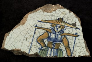Fragment of the soul of polychrome majolica dish with woman with yoke, dish plate crockery holder soil find ceramics pottery