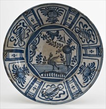 Faience plate in Wanli style with bird in Chinese garden, plate crockery holder soil find ceramic earthenware glaze tin glaze