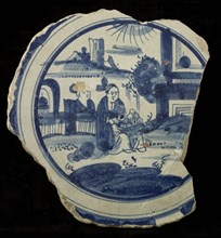Flat soul of majolica dish with monochrome decor, two Chinese in landscape, dish plate crockery holder earth discovery ceramic