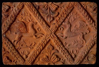 Hearthstone, from Antwerp Belgium, without frame, with winged deer in the window, hearthstone fireplace component ceramics brick