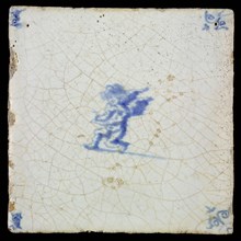 White tile with blue putto; corner pattern ox head, wall tile tile sculpture ceramic earthenware glaze, baked 2x glazed painted