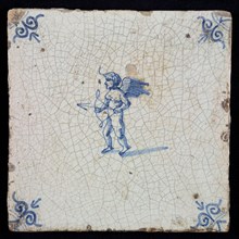 White tile with blue cupid with bow and arrow; corner pattern ox head, wall tile tile sculpture ceramic earthenware glaze, baked