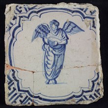 White tile with blue angel playing on stringed instrument, frame accolade shaped with meander, wall tile tile footage ceramic