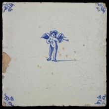 White tile with blue putto with wind instrument, ox-head in the corners, wall tile tile sculpture ceramics pottery glaze, baked